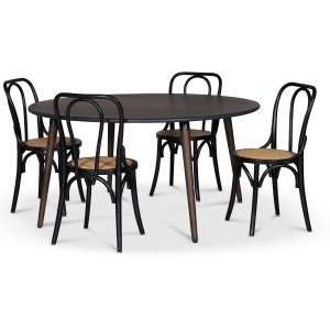 Omni matgrupp, runt matbord Ø130 cm inkl 4 st Tony svarta böjträ stolar – Rökfärgad ek