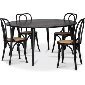 Omni matgrupp, runt matbord Ø130 cm inkl 4 st Tony svarta stolar – Svartbetsad ek