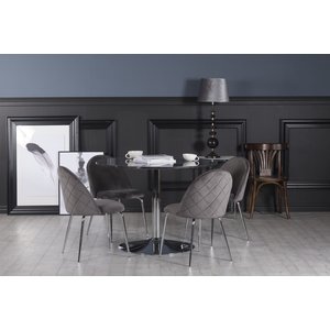 Plaza matgrupp, marmorbord med 4 st Plaza sammets stolar – Grå/Krom + 2.00 x Möbeltassar