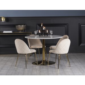 Plaza matgrupp, marmorbord med 4 st Plaza sammetsstolar – Beige/Vit/Mässing