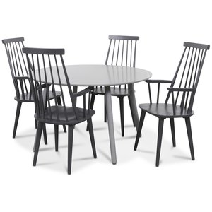 Rosvik matgrupp grått runt bord med 4 st grå Dalsland Pinnstolar – Grå + Fläckborttagare för möbler