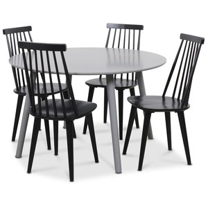 Rosvik matgrupp grått runt bord med 4 st svarta Dalsland Pinnstolar – Grå / Svarta + 3.00 x Möbeltassar