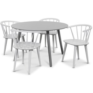 Rosvik matgrupp grått runt bord med 4 st vita Dalsland Pinnstolar + Fläckborttagare för möbler