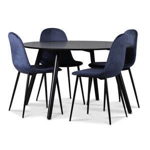 Rosvik matgrupp, matbord med 4 st Carisma sammetsstolar – Svart/Blå + Fläckborttagare för möbler