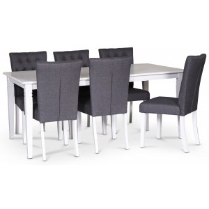 Sandhamn matgrupp 180×95 cm bord med 6 st Crocket matstolar i grått tyg + 4.00 x Möbeltassar