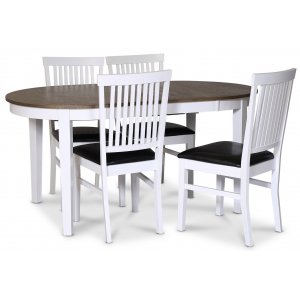 Skagen matgrupp matbord 160/210×90 cm – Vit / brunoljad ek med 4 st Fårö stolar med PU sits