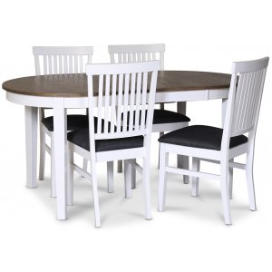 Skagen matgrupp matbord 160/210×90 cm – Vit / brunoljad ek med 4 st Fårö stolar med grå tygsits