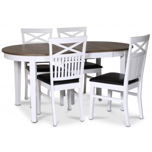 Skagen matgrupp matbord 160/210×90 cm – Vit / brunoljad ek med 4 st Fårö stolar med kryss, PU sits