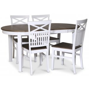 Skagen matgrupp matbord 160/210×90 cm – Vit / brunoljad ek med 4 st Skagen stolar med kryss, brun/Vit