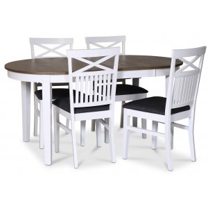 Skagen matgrupp matbord 160/210×90 cm – Vit / brunoljad ek med 4 st Skagen stolar med kryss, grått tyg