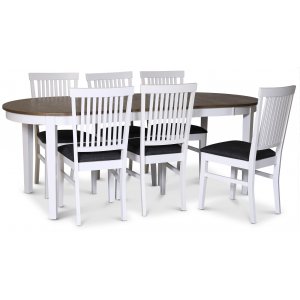 Skagen matgrupp matbord 160/210×90 cm – Vit / brunoljad ek med 6 st Fårö stolar med grå tygsits