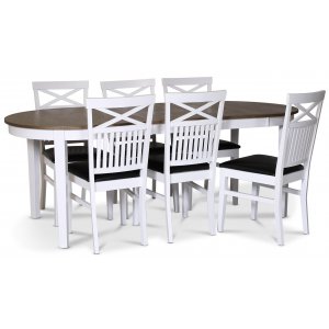 Skagen matgrupp matbord 160/210×90 cm – Vit / brunoljad ek med 6 st Fårö stolar med kryss i ryggen och svart PU-sits