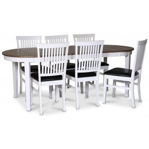 Skagen matgrupp matbord 160/210×90 cm – Vit / brunoljad ek med 6 st Fårö stolar med svart PU-sits