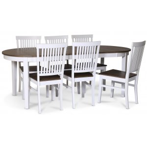 Skagen matgrupp matbord 160/210×90 cm – Vit / brunoljad ek med 6 st Skagen stolar med brun sits