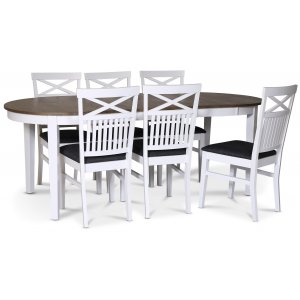 Skagen matgrupp matbord 160/210×90 cm – Vit / brunoljad ek med 6 st Skagen stolar med kryss i ryggen och grå tygsits