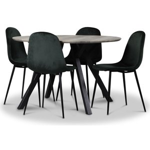 Smokey matgrupp, runt matbord med 4 st Carisma sammetsstolar – Mörkgrön + Fläckborttagare för möbler