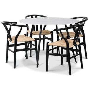 Sunda II matgrupp, 110 cm runt bord + 4 st Sunda stolar svarta / repsits