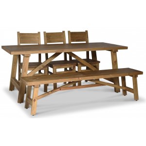 Woodforge matgrupp matbord med 3 st matstolar och bänk återvunnet trä + Fläckborttagare för möbler