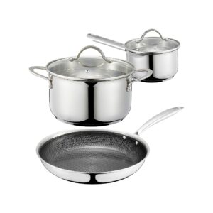 Dorre – Kosmos Köksset i rostfritt stål – 2 kastruller i rostfritt stål (1,5 l och 3 l) och en stekpanna i rostfritt stål ( Eminence ) med diameter 28 cm. – Silver – Stekpannor & grillpannor – Från Homeroom