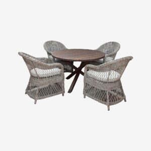 LifestyleGarden – Bord Ø 112 cm & 4 st Marbella-stolar – Brun – Matgrupper – Från Homeroom