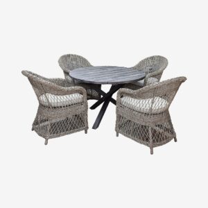 LifestyleGarden – Bord Ø 112 cm & 4 st Marbella-stolar – Grå – Matgrupper – Från Homeroom