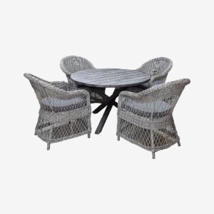 LifestyleGarden – Bord Ø 112 cm & 4 st Marbella-stolar – Grå – Matgrupper – Från Homeroom