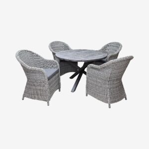 LifestyleGarden – Bord Ø 112 cm & 4 st Mercury-stolar – Grå – Matgrupper – Från Homeroom