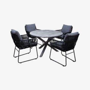 LifestyleGarden – Bord Ø 112 cm & 4 st Mikado-stolar – Grå – Matgrupper – Från Homeroom