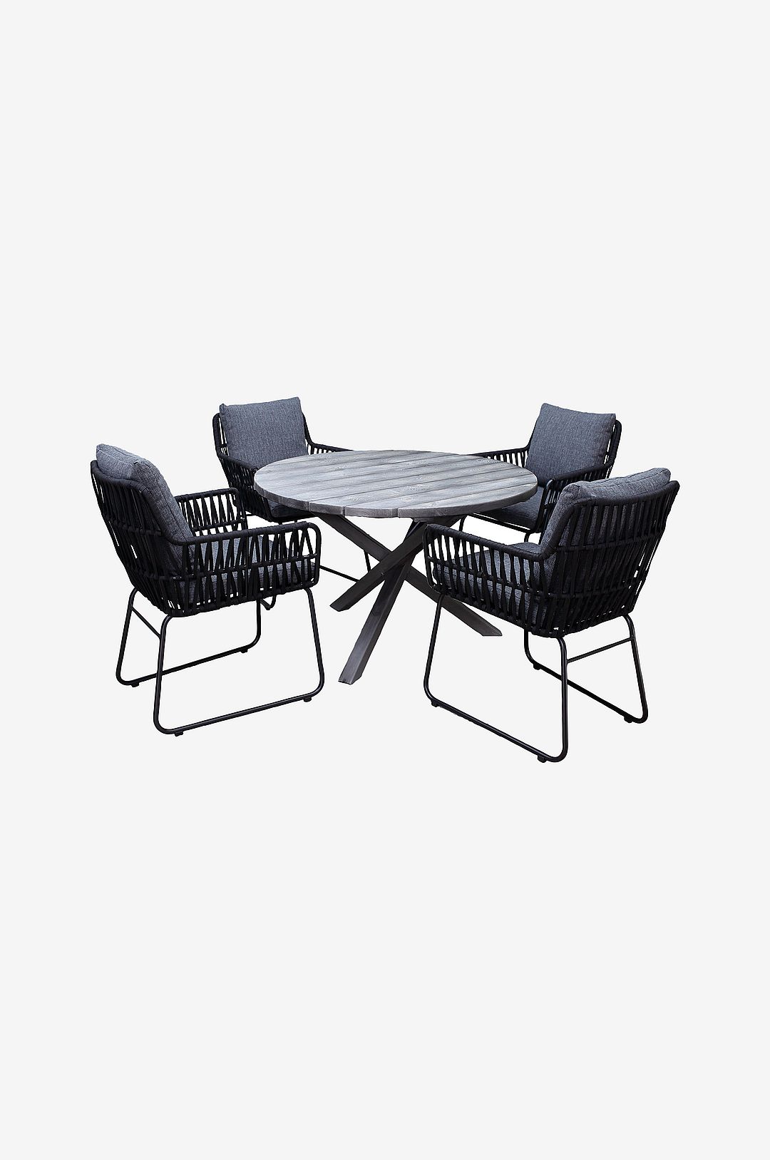 LifestyleGarden – Bord Ø 112 cm & 4 st Mikado-stolar – Grå – Matgrupper – Från Homeroom