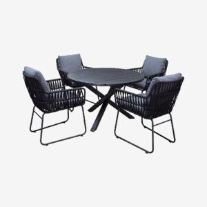 LifestyleGarden – Bord Ø 112 cm & 4 st Mikado-stolar – Svart – Matgrupper – Från Homeroom