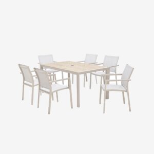 LifestyleGarden – Urbanite set m. 160 cm bord och 6 stapelfåtöljer – Natur – Matgrupper – Från Homeroom