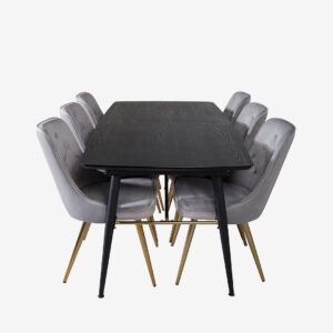 Venture Home – Matgrupp Gold med 6st matstolar Velvet Deluxe – Svart – Matgrupp 6 personer – Från Homeroom