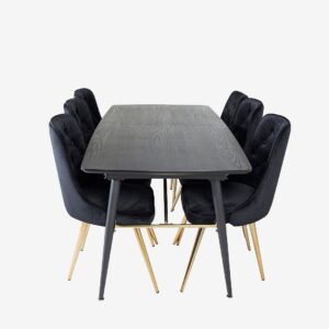 Venture Home – Matgrupp Gold med 6st matstolar Velvet Deluxe – Svart – Matgrupp 6 personer – Från Homeroom