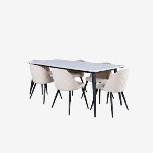 Venture Home – Matgrupp Jimmy med 6 st matstolar Velvet Stitches – Vit – Matgrupp 6 personer – Från Homeroom