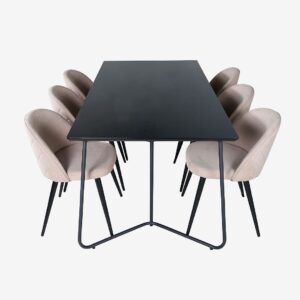 Venture Home – Matgrupp Petra med 6 st matstolar Velvet Stitches – Svart – Matgrupp 6 personer – Från Homeroom