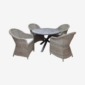 LifestyleGarden – Bord Ø 112 cm & 4 st Mercury-stolar – Grå – Matgrupper – Från Homeroom