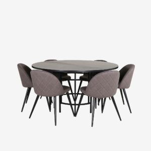 Venture Home – Matgrupp Copenhagen med 6 st matstolar Velvet Stitches – Svart – Matgrupp 6 personer – Från Homeroom