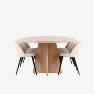 Venture Home - Bootcut matbord med matstol i sammet - Beige - Matgrupp 6 personer - Från Homeroom