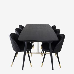 Venture Home - Matgrupp Gold med 6st matstolar Velvet - Svart - Matgrupp 6 personer - Från Homeroom